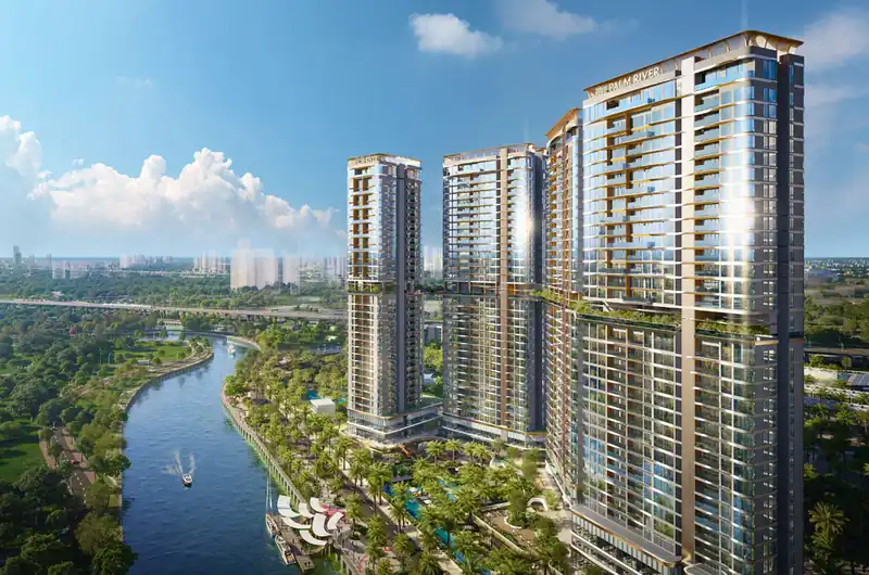 Các tháp căn hộ Palm River nhìn từ phía sông, dòng sông uốn quanh khu đô thị Nam Rạch Chiếc