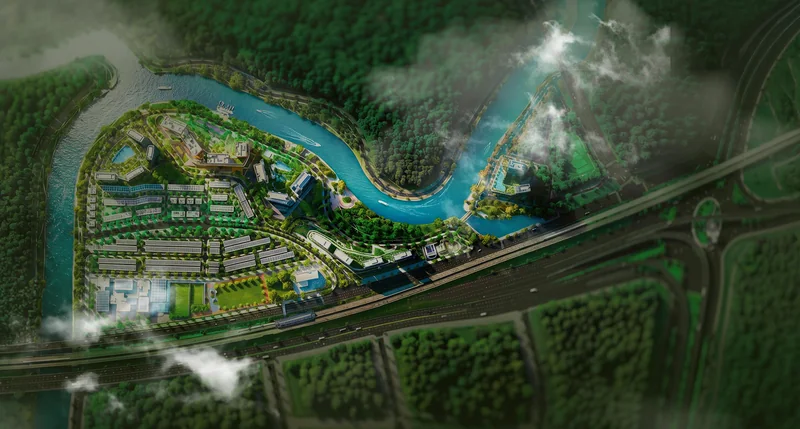Toàn cảnh Palm River từ trên cao: khu đất 2,7 km mặt tiền sông, công viên ven sông và cao tốc phía trước