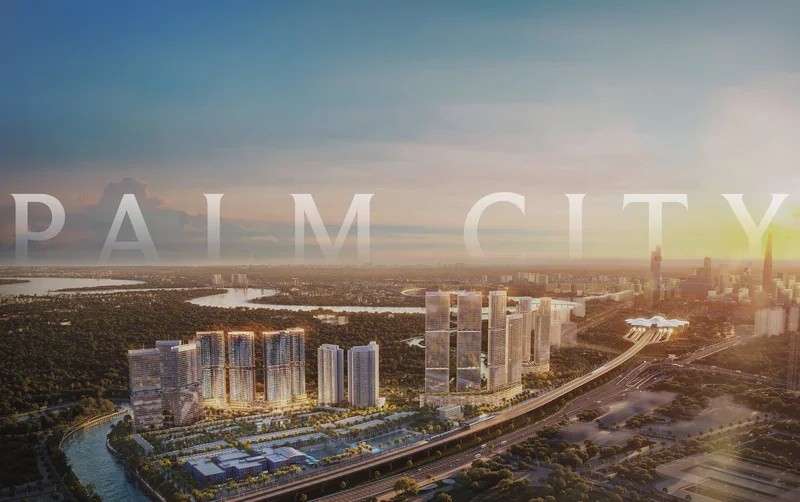 Tổng thể Palm City nhìn từ trên cao với các tháp Palm River ven sông, phía xa là Thủ Thiêm