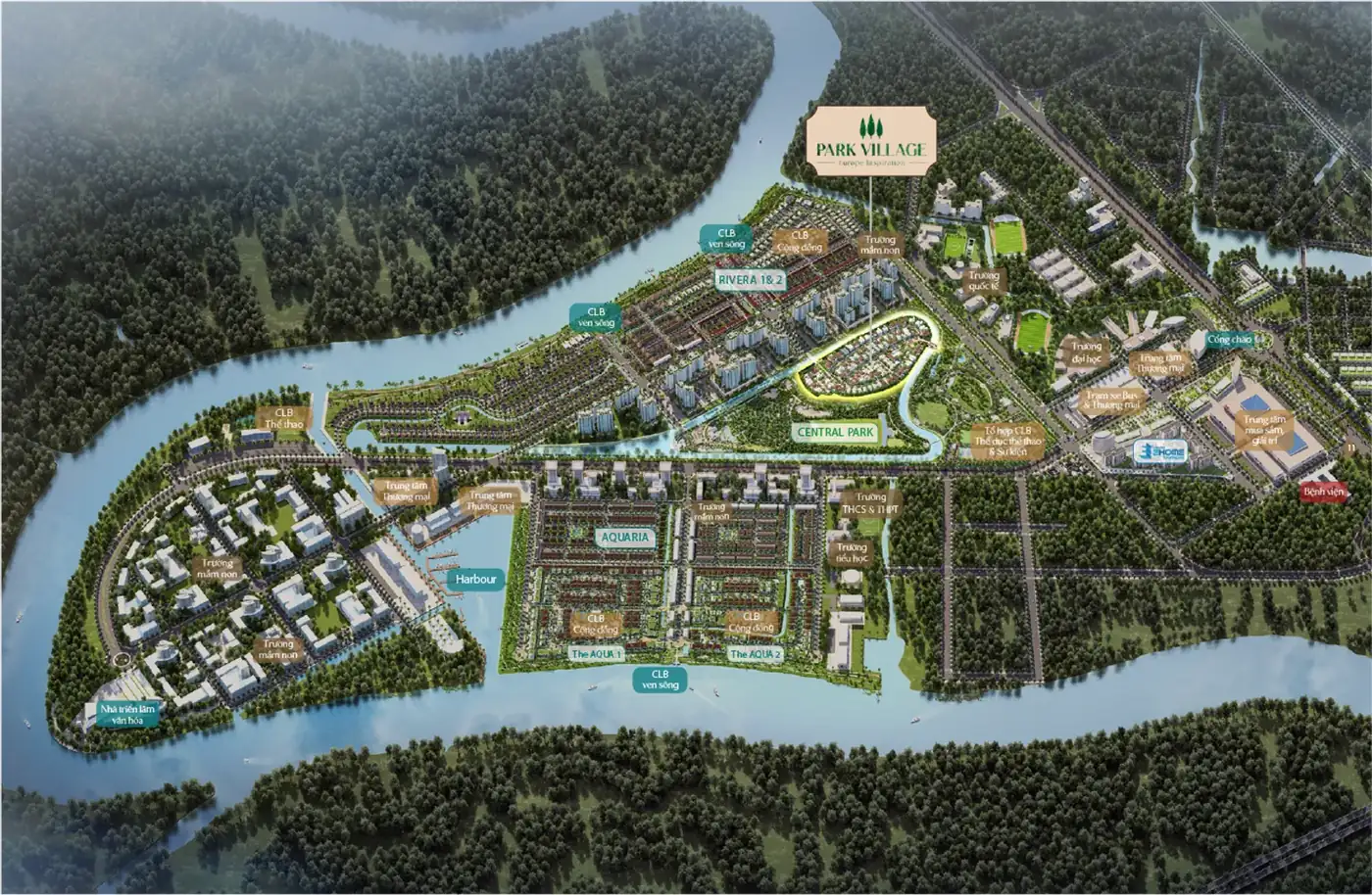Phối cảnh Waterpoint đánh dấu Park Village cạnh Central Park, trường học, CLB ven sông, Harbour và bệnh viện