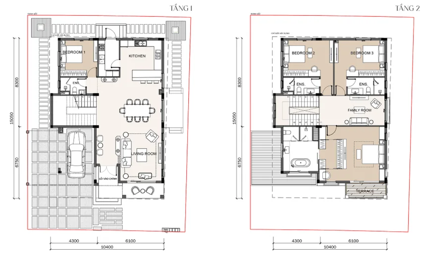 Mặt bằng tầng 1 và tầng 2 mẫu Garden Grand Villa VB1.1 Park Village, mặt tiền 10,4 m