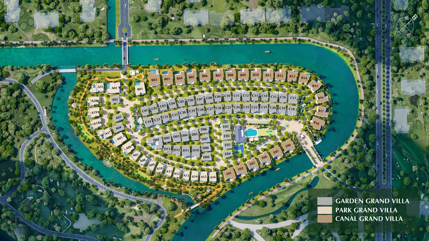 Mặt bằng tổng thể Park Village: 96 lô biệt thự Garden, Park và Canal Grand Villa bao quanh bởi kênh đào