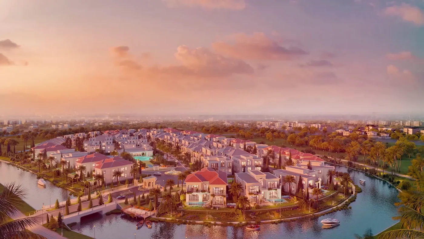Toàn cảnh làng biệt thự Park Village bên kênh đào lúc hoàng hôn, khung hình từ phim 3D giới thiệu