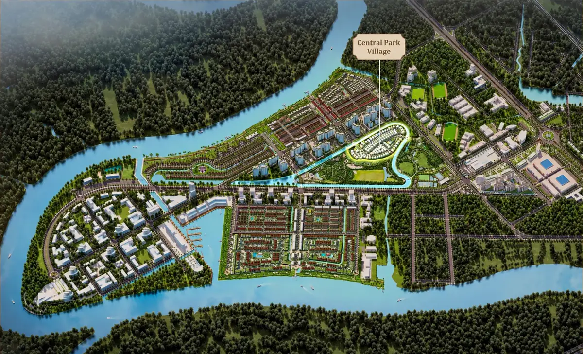 Vị trí Park Village ở trung tâm khu đô thị Waterpoint 355 ha, ba mặt giáp kênh đào, cạnh Central Park