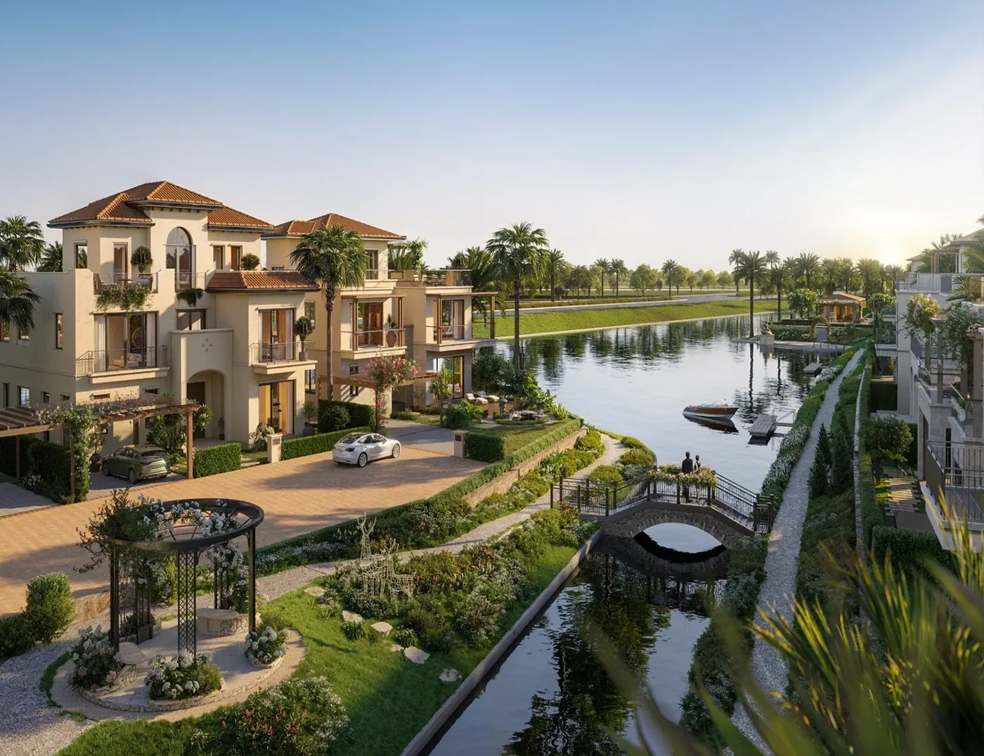 Công viên kênh đào nội khu Rivera Nagomi với cầu gỗ, chòi nghỉ và lối dạo ven kênh