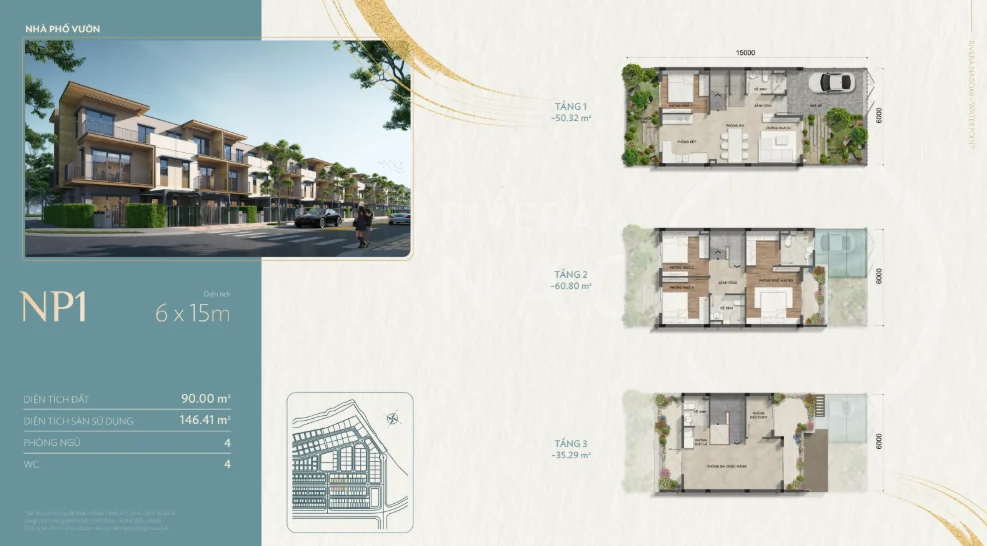Mẫu nhà phố vườn NP1 Rivera Nagomi 6x15 m, đất 90 m², sàn 146,41 m², 4 phòng ngủ: phối cảnh và mặt bằng 3 tầng