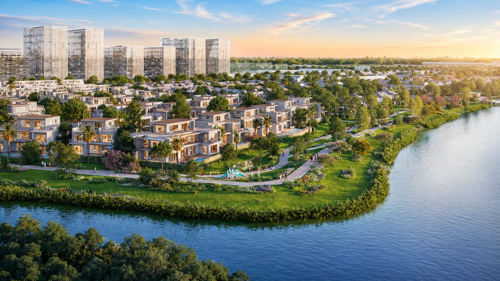 Phối cảnh phân khu Rivera Nagomi bên sông với các dãy biệt thự và cây xanh ven bờ