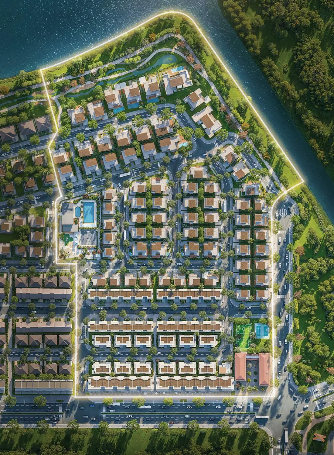 Phối cảnh Rivera Nagomi nhìn từ trên cao: ranh phân khu ven sông, dãy nhà phố, biệt thự, hồ bơi và sân thể thao
