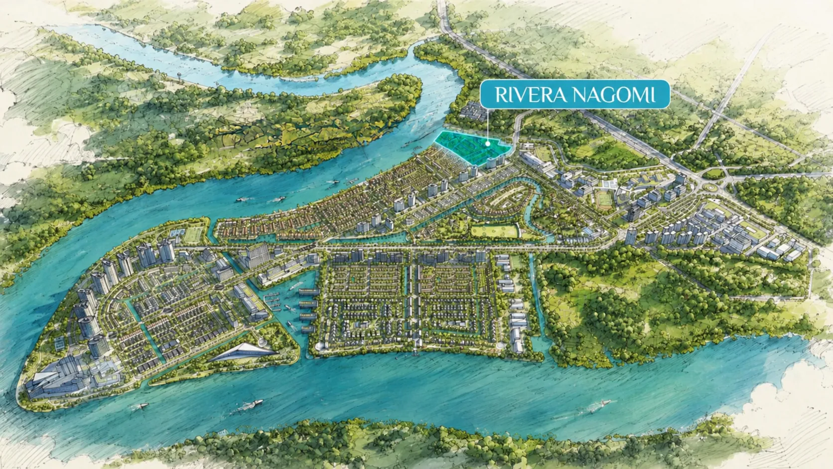 Vị trí phân khu Rivera Nagomi 5,8 ha trên phối cảnh tổng thể khu đô thị Waterpoint 355 ha bên sông Vàm Cỏ Đông