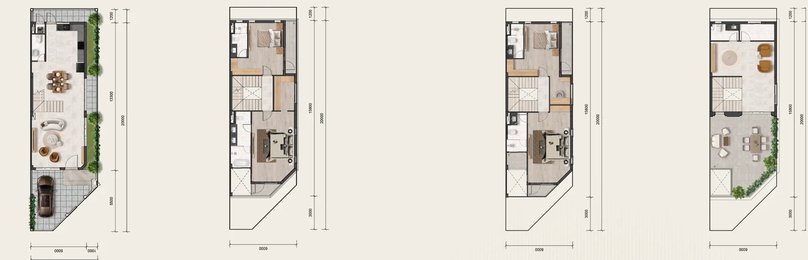 Mặt bằng Deluxe Villas căn góc Salacia Villas 6 × 20 m, đất 112 m², 4 tầng