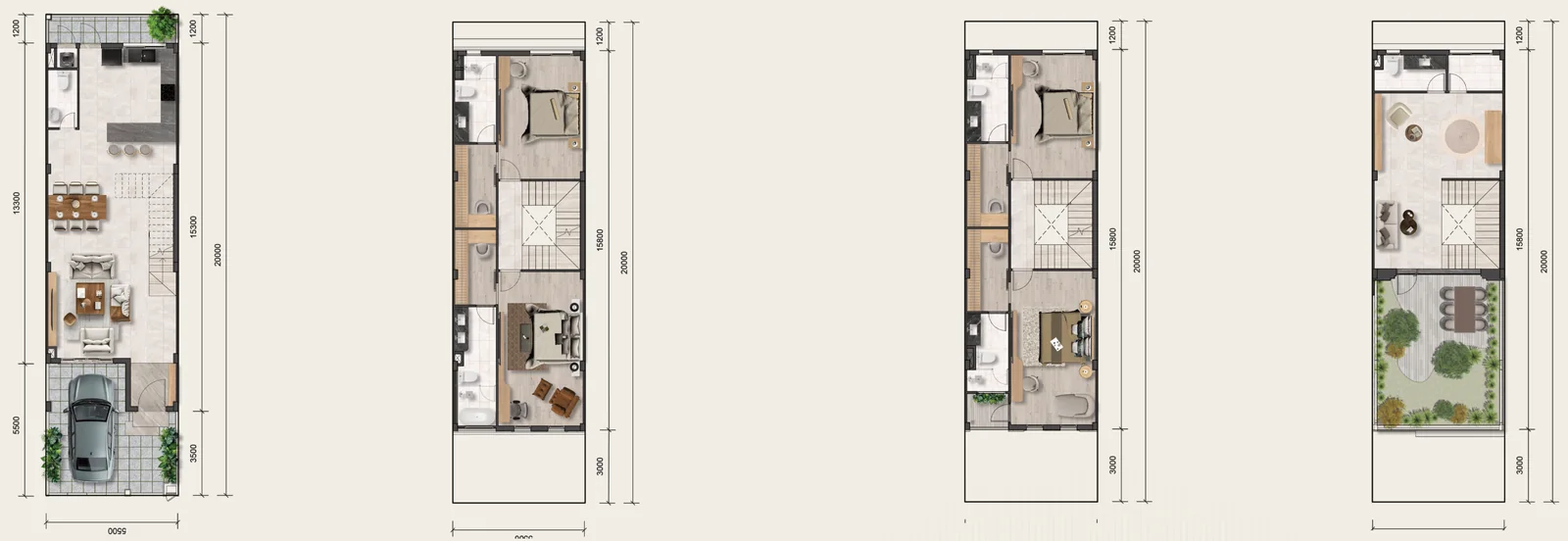 Mặt bằng Deluxe Villas căn thường Salacia Villas 5,5 × 20 m, đất 110 m², 4 tầng