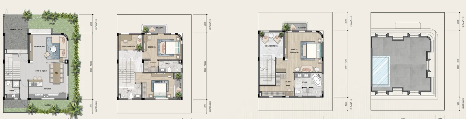 Mặt bằng Garden Villas Salacia Villas 10 × 14,5 m, đất 145 m², 3 tầng và sân thượng