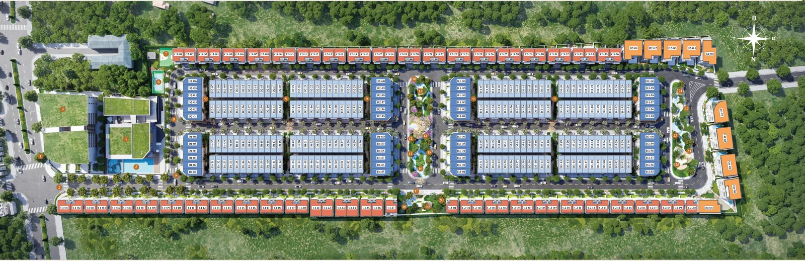 Mặt bằng tổng thể Salacia Villas 7,2 ha: 4 dòng biệt thự quanh 4 công viên chủ đề, 25 tiện ích đánh số