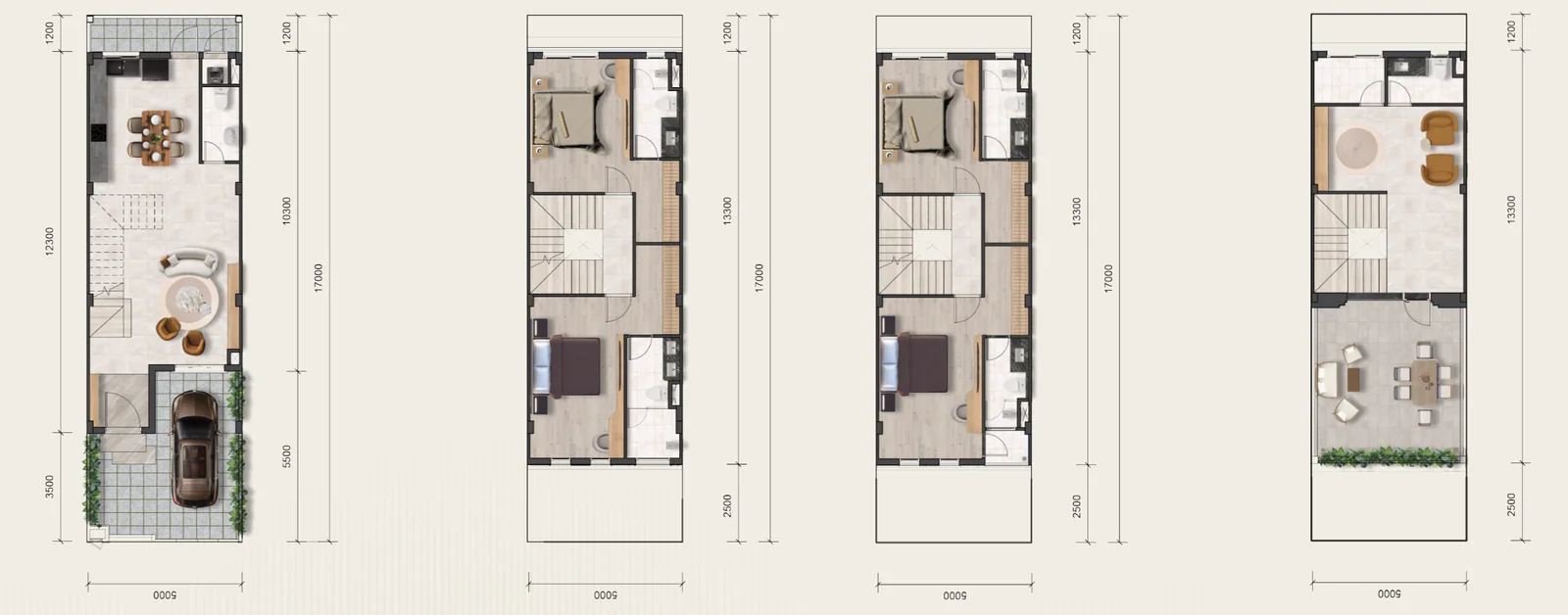 Mặt bằng Town Villas Salacia Villas 5 × 17 m, đất 85 m², 4 tầng