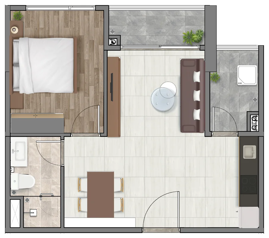 Layout 3D căn hộ 1 phòng ngủ (mẫu A1) diện tích sử dụng ~45,3 m² tại Setia Edenia