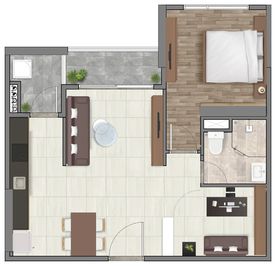 Layout 3D căn hộ 1 phòng ngủ+ (mẫu A3) diện tích sử dụng ~55,7 m² tại Setia Edenia
