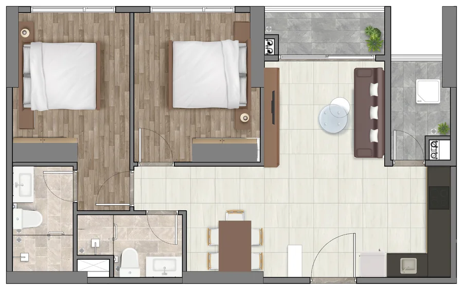 Layout 3D căn hộ 2 phòng ngủ (mẫu B1) diện tích sử dụng ~65,8 m² tại Setia Edenia
