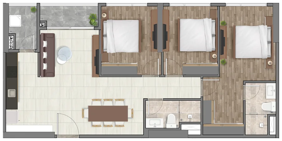 Layout 3D căn hộ 3 phòng ngủ (mẫu C1) diện tích sử dụng ~85,1 m² tại Setia Edenia