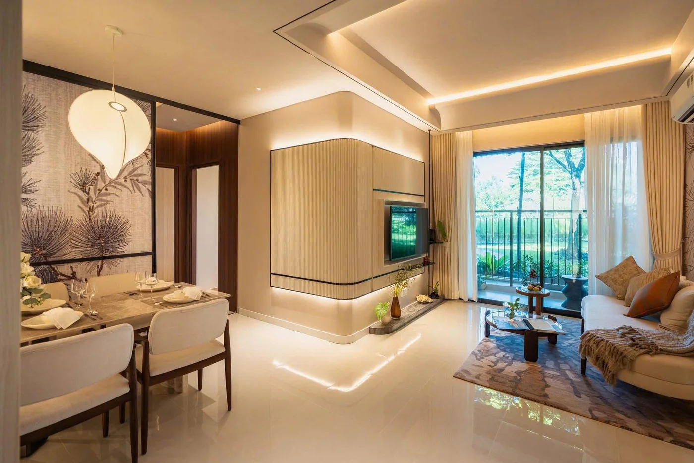 Phòng khách liền bàn ăn trong căn hộ mẫu Setia Edenia (ảnh thực tế)