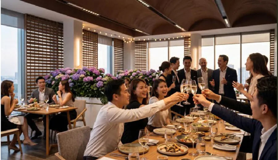 Gia đình và bạn bè nâng ly trong bữa tiệc tại không gian sinh hoạt chung SkySOLIS