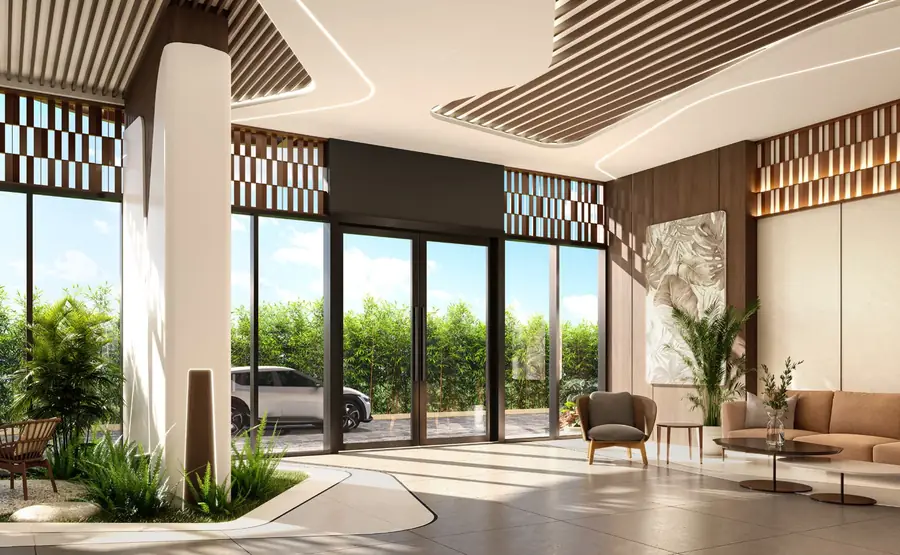 Sảnh đón SkySOLIS trần cao, cửa kính mở ra mảng xanh, thông gió tự nhiên
