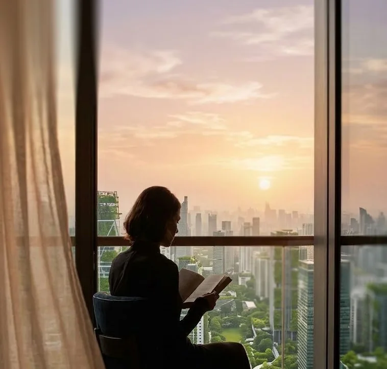 Cư dân đọc sách bên cửa kính lớn đón nắng chiều trong căn hộ SkySOLIS