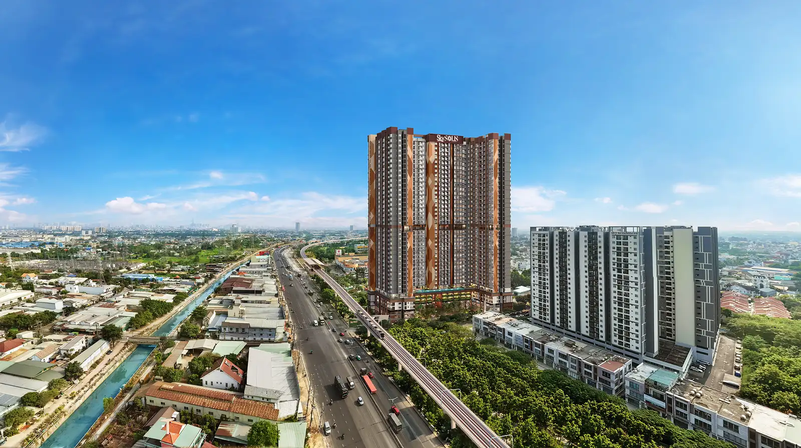 Phối cảnh SkySOLIS: tháp căn hộ 40 tầng bên Đại lộ Bình Dương (Quốc lộ 13) và tuyến metro trên cao, phường Lái Thiêu