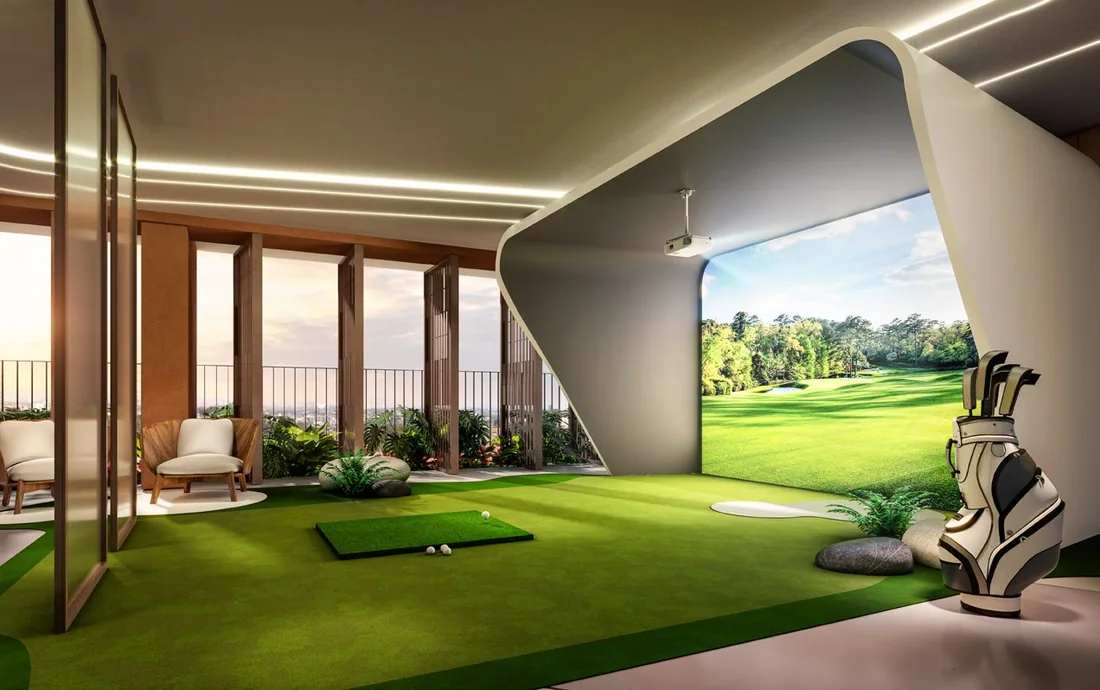 Khu Golf 3D trong nhà tại tầng tiện ích SkySOLIS với màn hình mô phỏng sân golf
