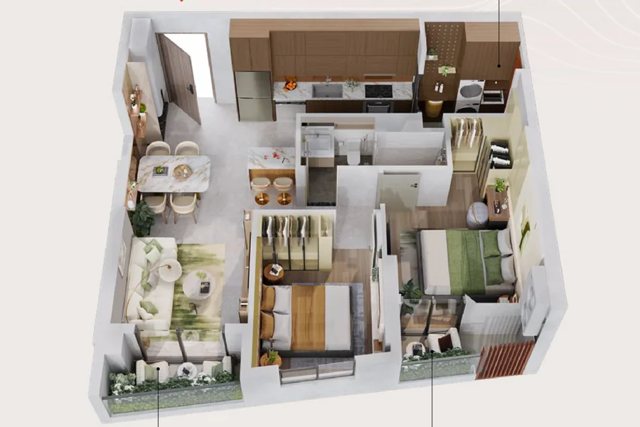 Layout 3D căn hộ 2 phòng ngủ 1 vệ sinh SkySOLIS mẫu B1.1, khoảng 70,6 m² tim tường