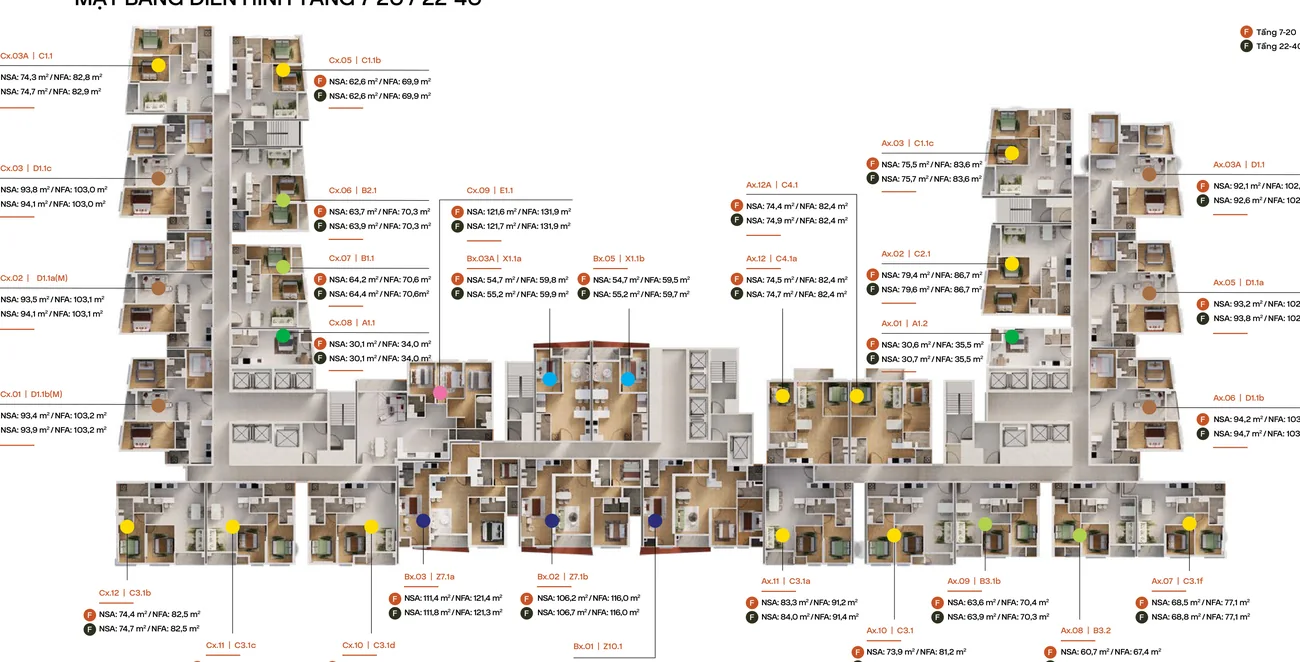 Mặt bằng tầng điển hình 7–20 và 22–40 SkySOLIS: 3 tháp Alba, Helio, Lyra với mã căn và diện tích