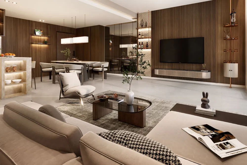 Phòng khách căn hộ SkySOLIS: sofa, bàn trà và kệ trang trí dưới ánh nắng ấm