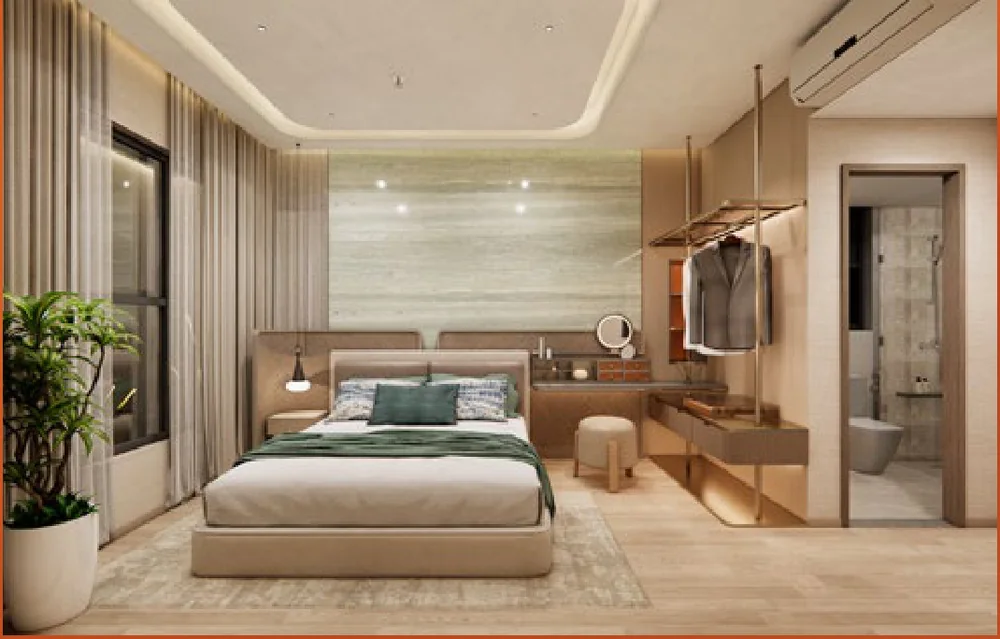 Phòng ngủ master mẫu căn 2PN2WC SkySOLIS với tủ áo và phòng tắm riêng