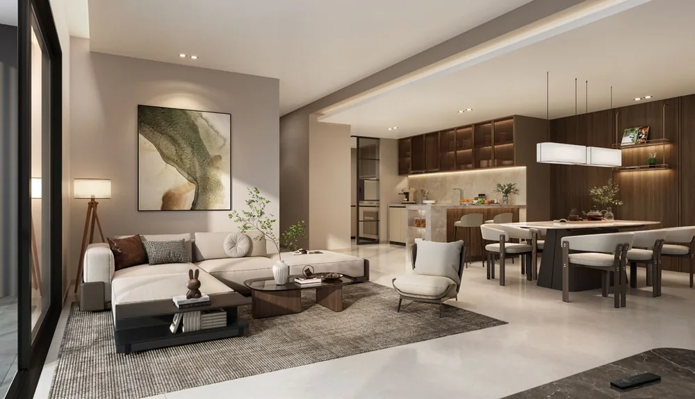 Phòng khách liền bếp căn Sky Villa SkySOLIS, không gian rộng và sang trọng