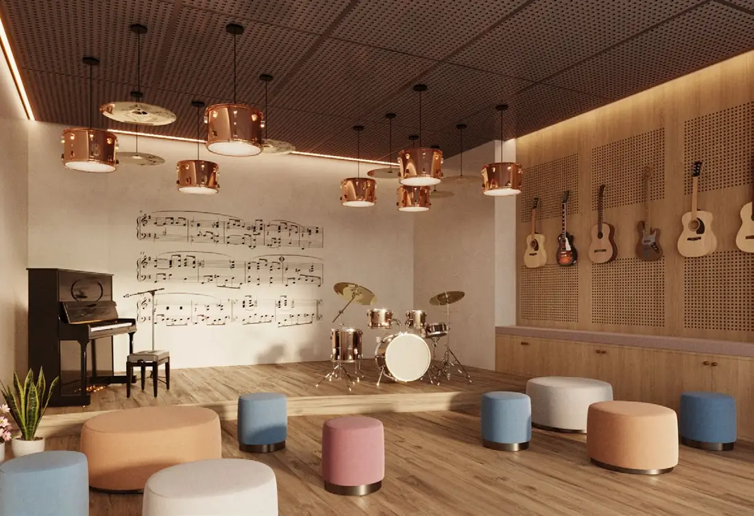 Phòng âm nhạc Music Room SkySOLIS với đàn piano, trống, guitar và ghế đôn nhiều màu