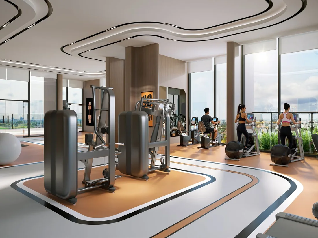 Phòng Gym SkySOLIS vách kính lấy sáng tự nhiên, đường chạy và máy tập hiện đại
