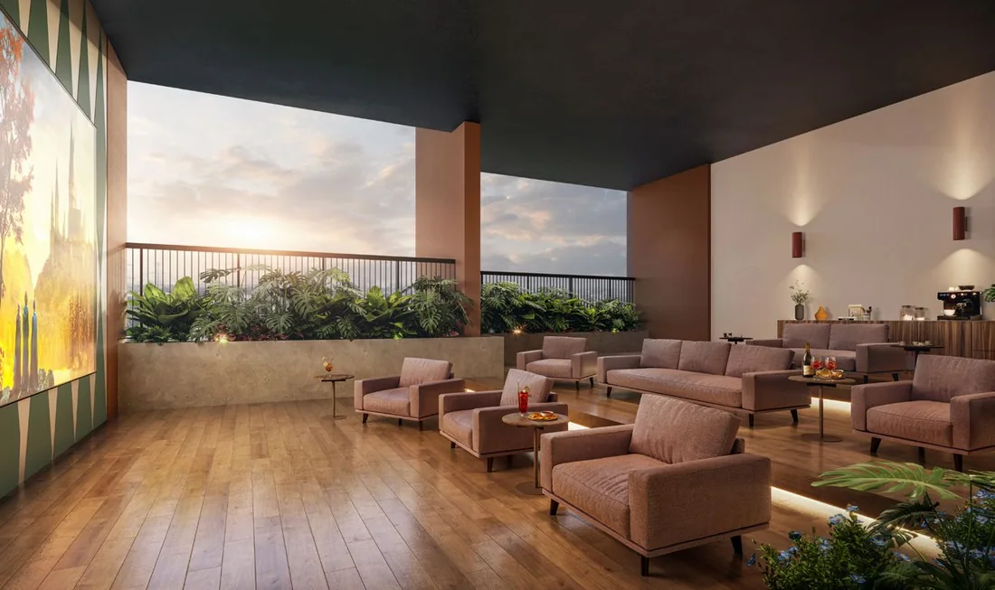 Rạp chiếu phim trên không tầng 21 SkySOLIS: màn chiếu lớn, sofa và hiên nhìn ra thành phố