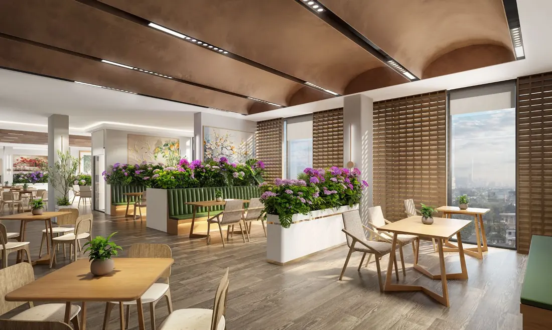 Sảnh tiệc Banquet Hall SkySOLIS sức chứa đến 60 khách, trần vòm gỗ và cửa kính lớn