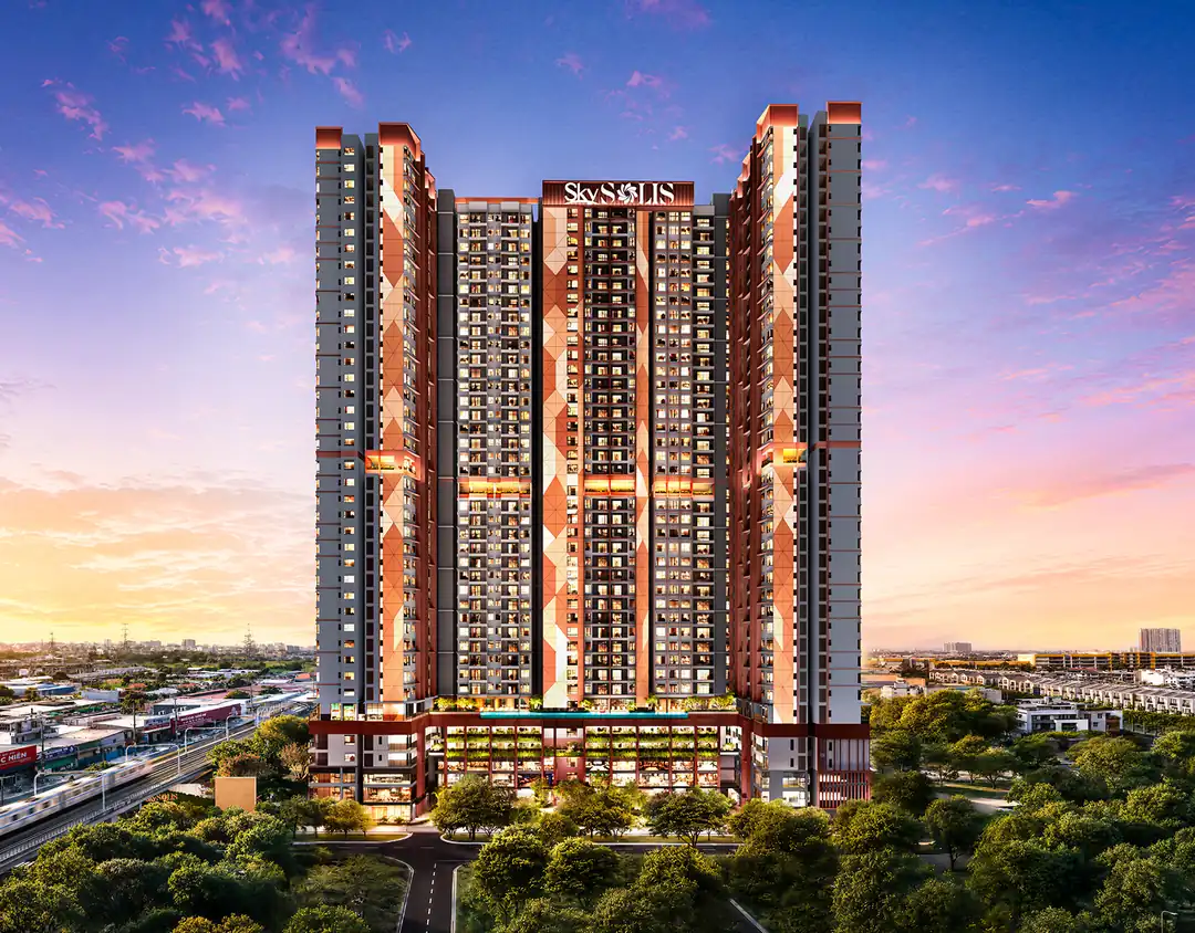Phối cảnh SkySOLIS lúc hoàng hôn: 3 tháp Alba, Helio, Lyra cao 40 tầng trên khối đế thương mại, cạnh tuyến metro