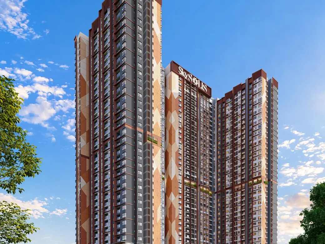 Tháp căn hộ SkySOLIS nhìn từ đường phố giữa trờI xanh – ảnh mở tour VR360 của dự án
