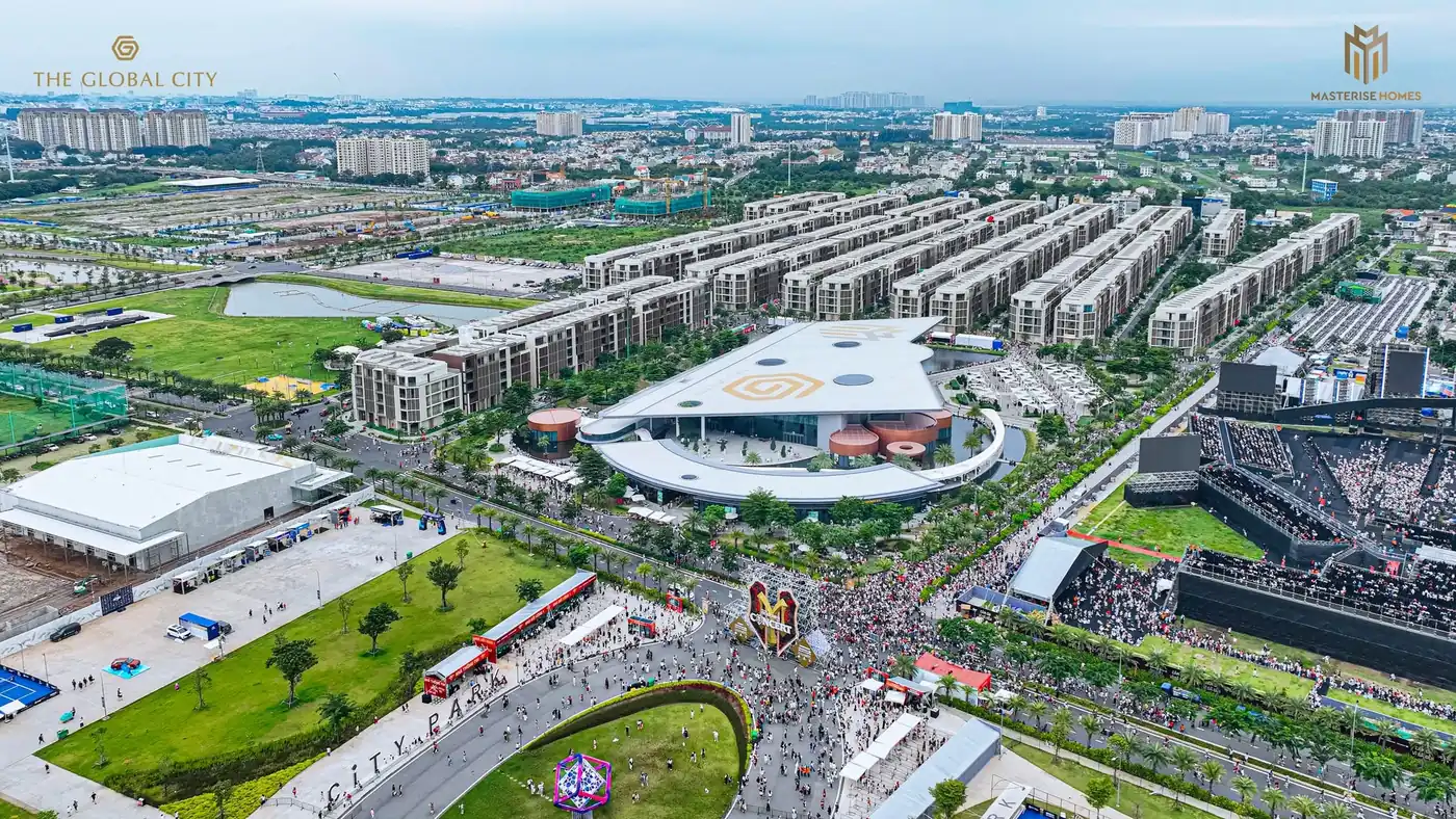 Toàn cảnh khu đô thị The Global City nhìn từ trên cao, các dãy nhà phố SOHO quanh quảng trường sự kiện (ảnh thực tế)