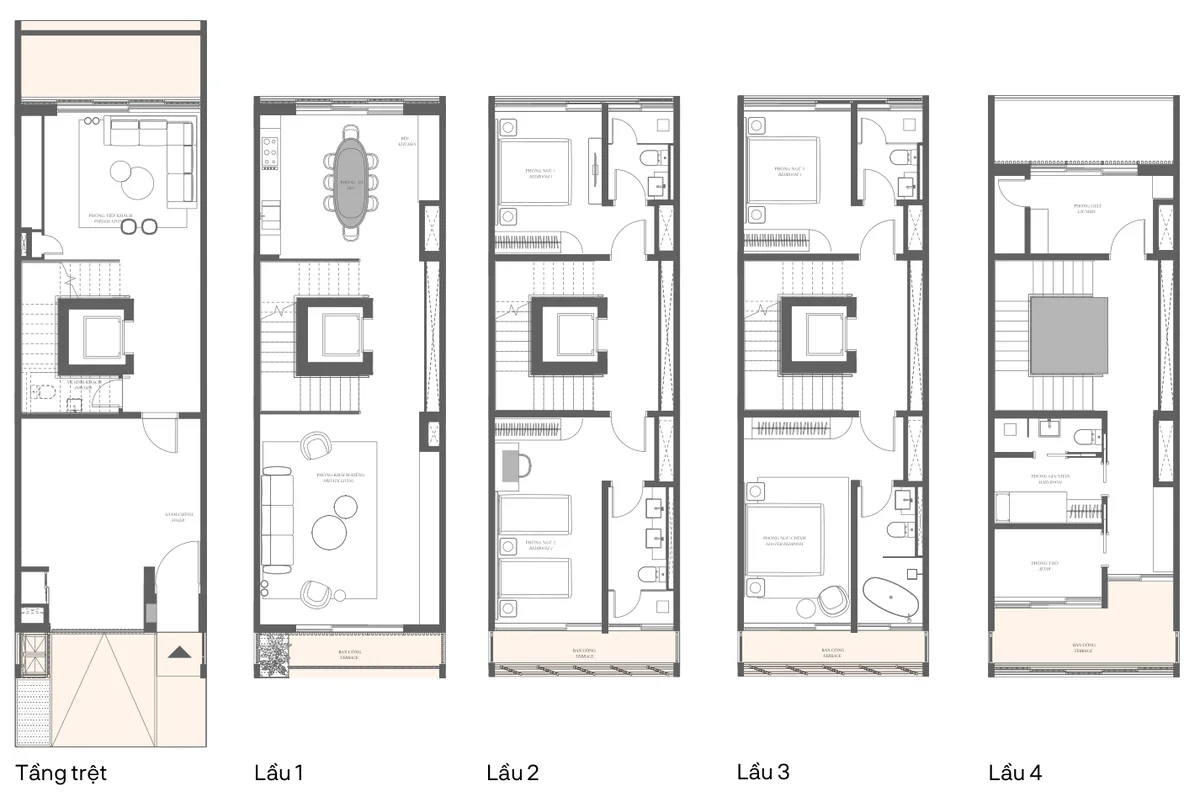 Mặt bằng 5 tầng nhà phố SOHO Type 1A, đất 95 m², sàn xây dựng 346,6 m², 4 phòng ngủ