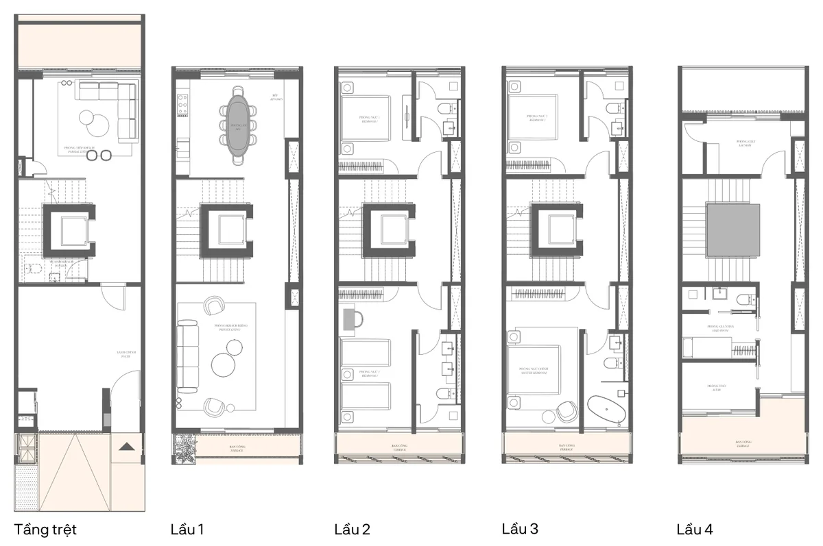 Mặt bằng 5 tầng nhà phố SOHO Type 1B, đất 95 m², sàn xây dựng 346,6 m², 4 phòng ngủ