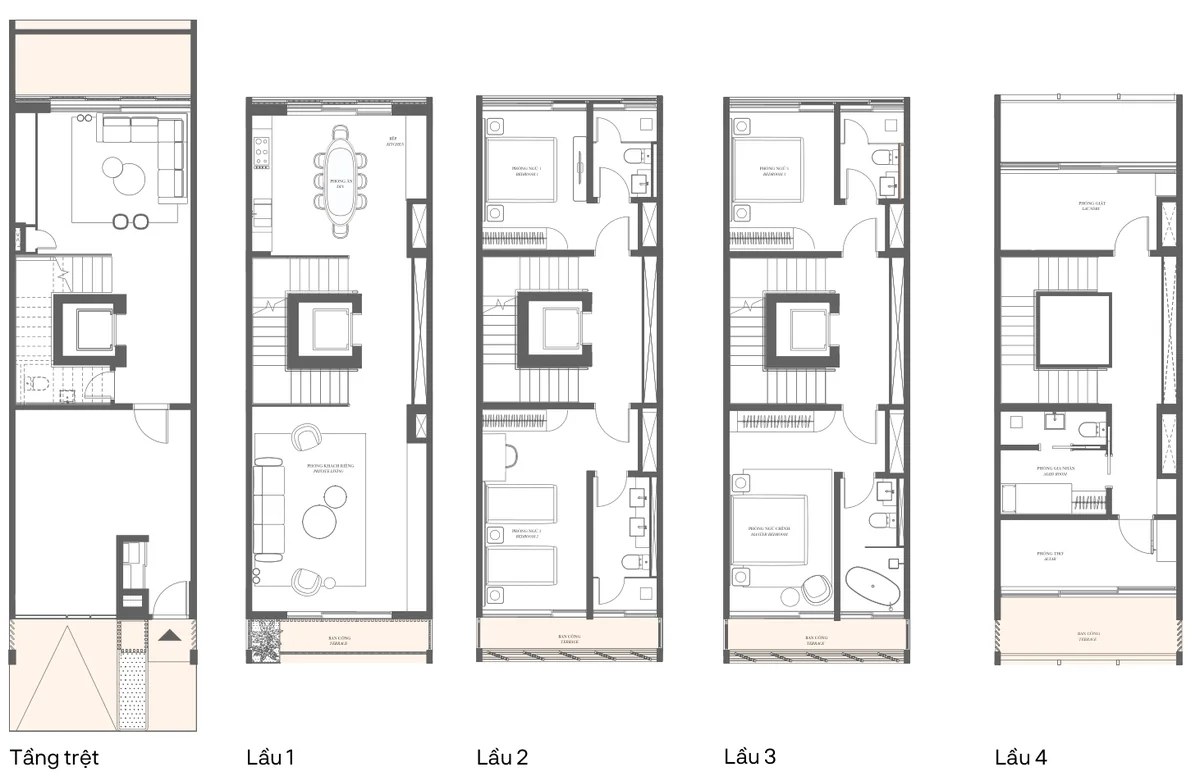 Mặt bằng 5 tầng nhà phố SOHO Type 1C, đất 95 m², sàn xây dựng 346,6 m², 4 phòng ngủ