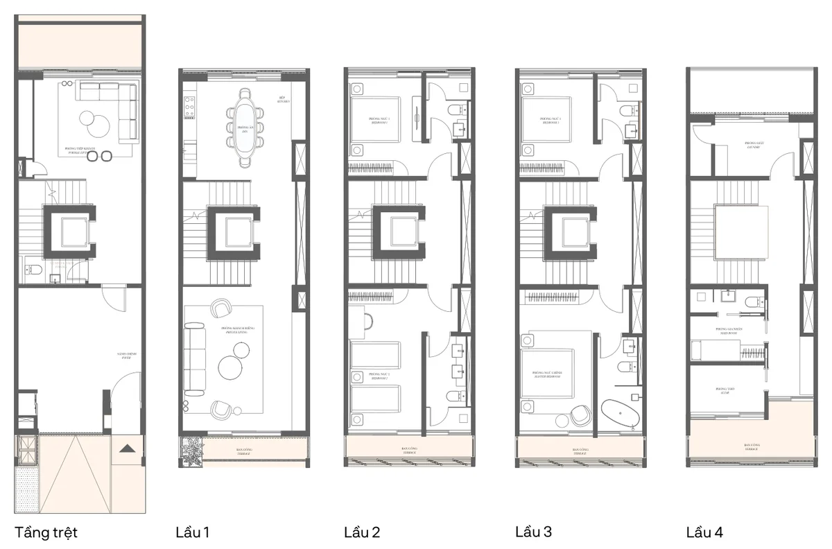 Mặt bằng 5 tầng nhà phố SOHO Type 1D, đất 95 m², sàn xây dựng 346,6 m², 4 phòng ngủ