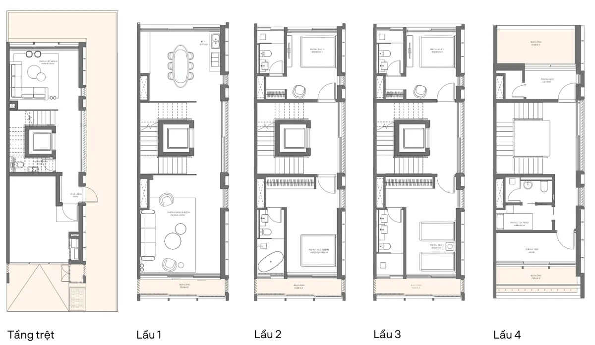 Mặt bằng 5 tầng nhà phố SOHO Type 2C, đất 133 m², sàn xây dựng 347,8 m², 4 phòng ngủ