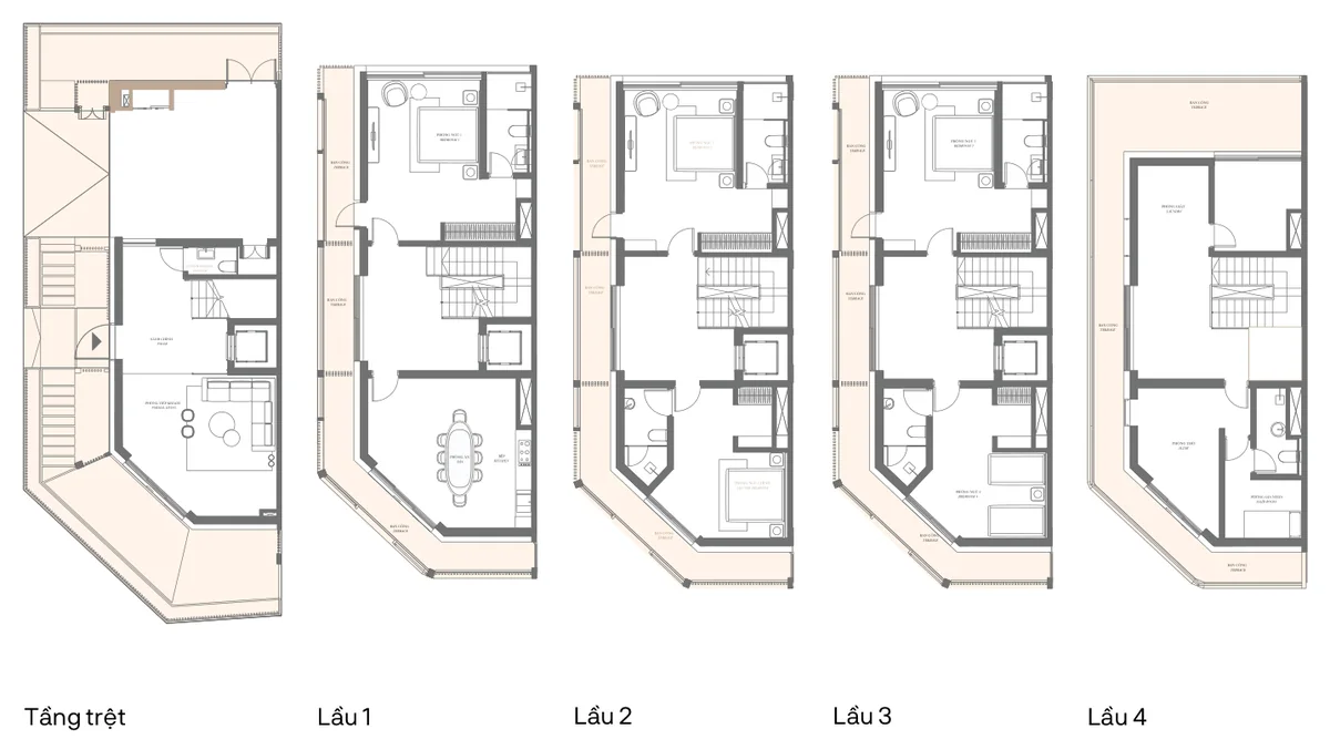 Mặt bằng 5 tầng nhà phố SOHO Type 3A, đất 176,5 m², sàn xây dựng 499,4 m², 4 phòng ngủ