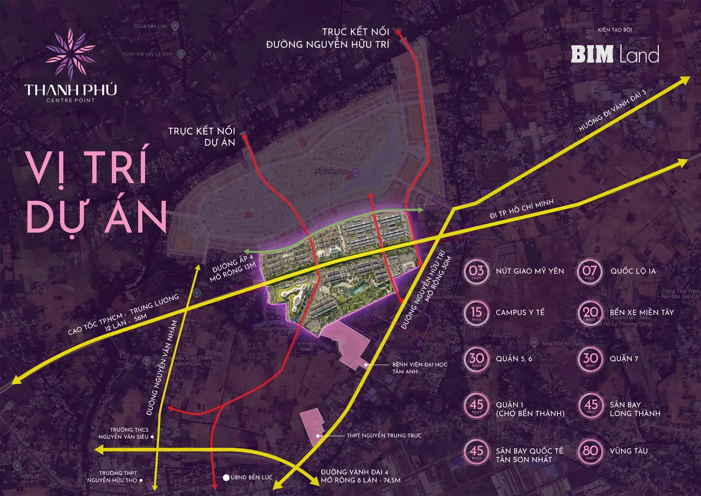 Bản đồ vị trí Thanh Phú Centre Point: cao tốc TP.HCM – Trung Lương, Nguyễn Hữu Trí, ĐT.830C, Vành đai 4, thờI gian di chuyển
