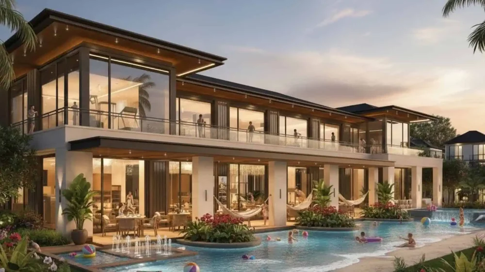 Club House 3.400 m² của Thanh Phú Centre Point với hồ bơi và sân hiên lúc chiều tối