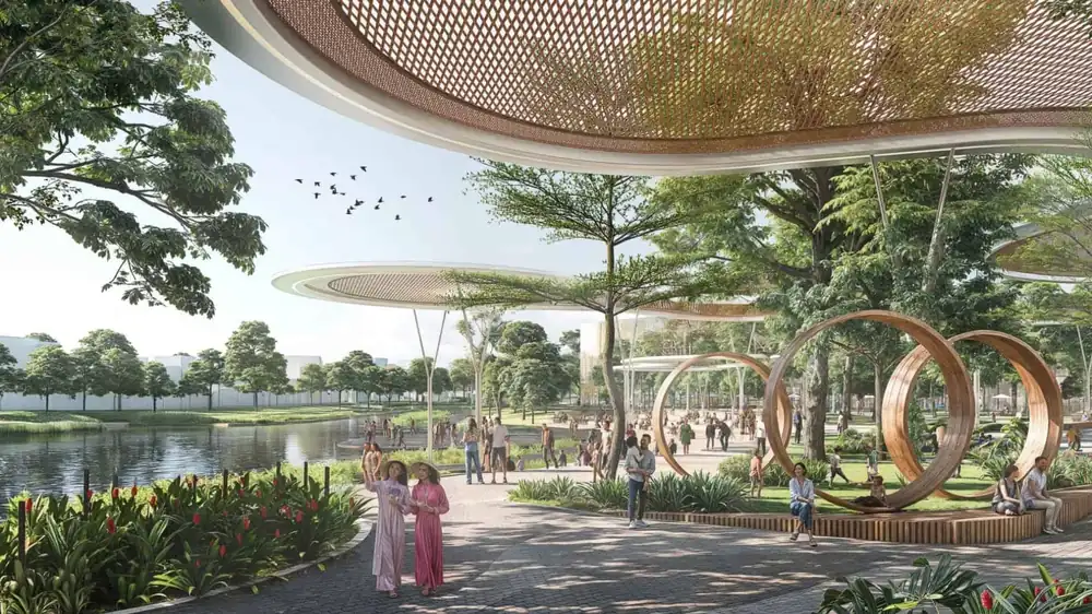 Công viên trung tâm 8 ha của Thanh Phú Centre Point với mái che xanh, vòng nghệ thuật và lối dạo ven hồ