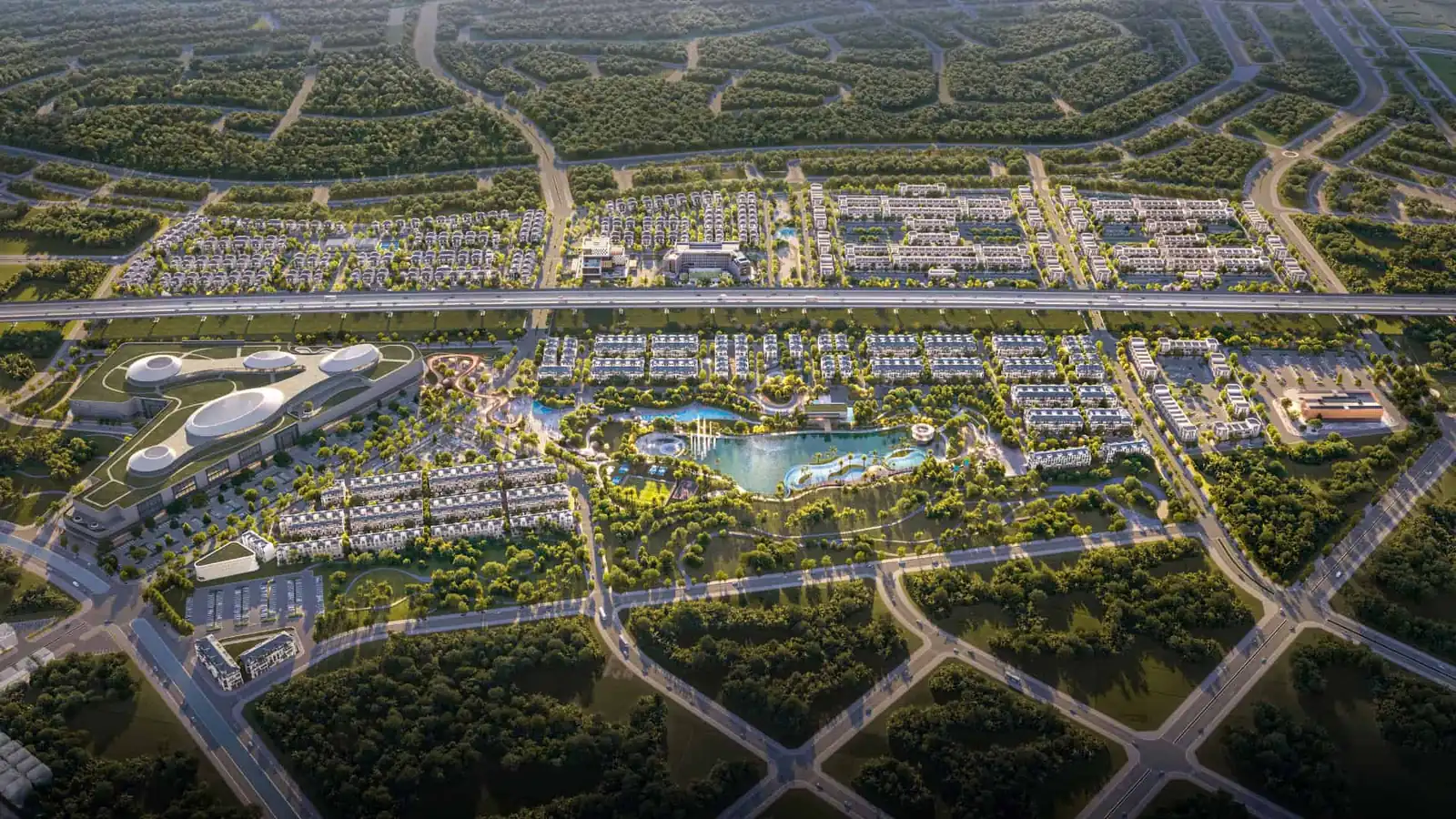 Phối cảnh tổng thể Thanh Phú Centre Point: khu đô thị thấp tầng, hồ trung tâm và Mega Mall bên đường Nguyễn Hữu Trí, Bến Lức